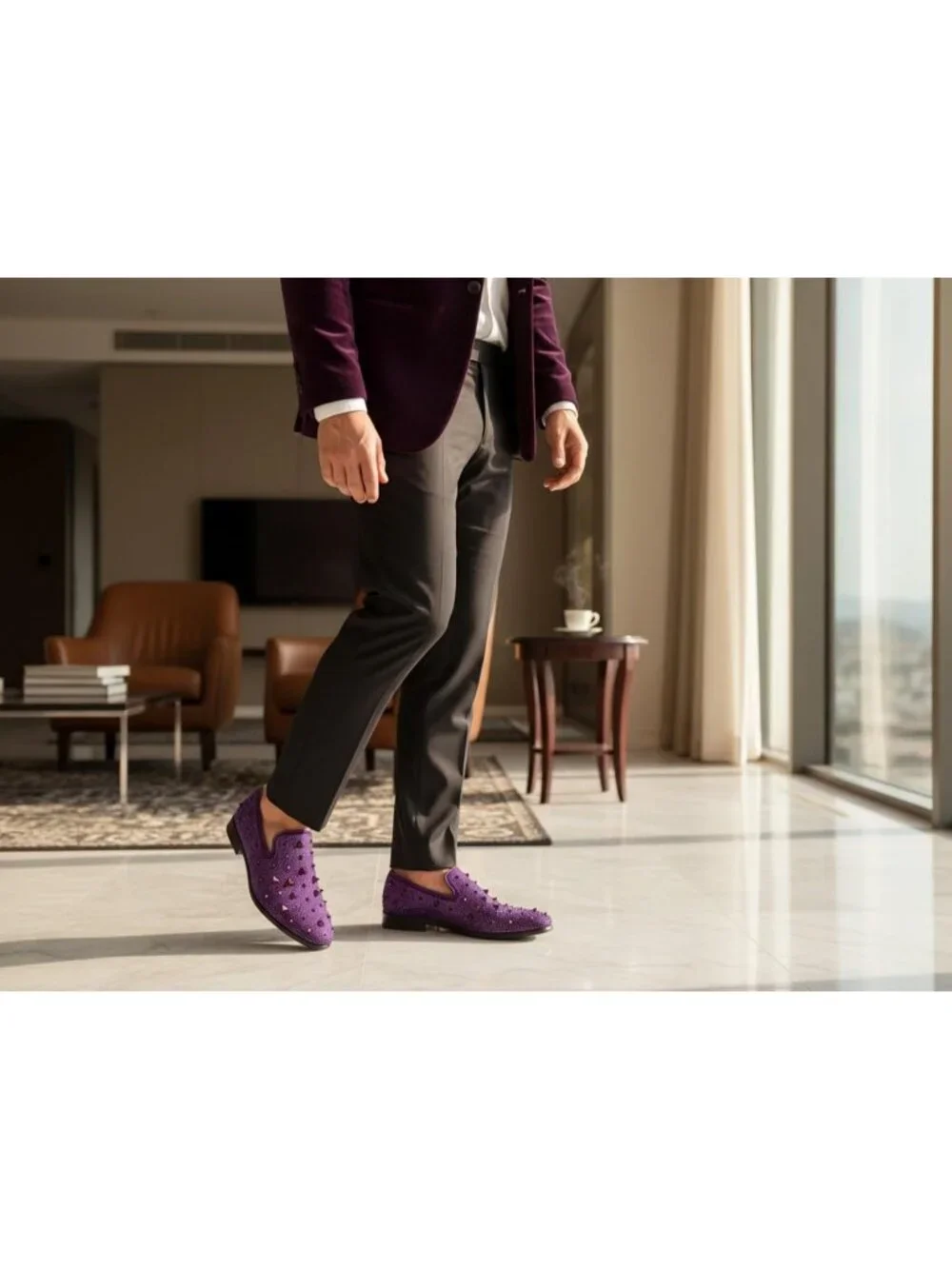 Matrocharm Men's Purple Rubber Vintage Spike Rhinestone Loafer Slip On Shoes